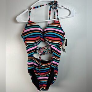 Vibrant Striped Cutout One Piece Swimsuit Corset Back 32 DD Tie neck underwire